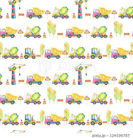 A mix of cranes, cement mixers, traffic cones, and stop signs in a watercolor seamless pattern. Great for construction-themed packaging, digital papers, and textile designs. 124100787