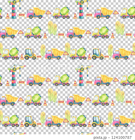 A mix of cranes, cement mixers, traffic cones, and stop signs in a watercolor seamless pattern. Great for construction-themed packaging, digital papers, and textile designs. 124100787
