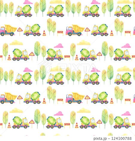Green cement mixers, yellow dump trucks, trees, and road signs arranged in a watercolor seamless pattern. Ideal for textile prints, stationery, and construction-themed party supplies. Green cement mixers, yellow dump trucks, trees, and road signs arranged in a watercolor seamless pattern. Ideal for textile prints, stationery, and construction-themed party supplies. 124100788