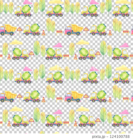 Green cement mixers, yellow dump trucks, trees, and road signs arranged in a watercolor seamless pattern. Ideal for textile prints, stationery, and construction-themed party supplies. Green cement mixers, yellow dump trucks, trees, and road signs arranged in a watercolor seamless pattern. Ideal for textile prints, stationery, and construction-themed party supplies. 124100788