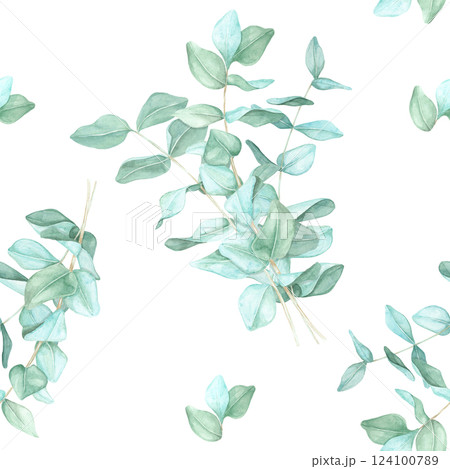 Single eucalyptus branches with light green leaves in a hand drawn watercolor illustration. This seamless pattern clipart works well for stationary products, packaging, and digital backgrounds Single eucalyptus branches with light green leaves in a hand drawn watercolor illustration. This seamless pattern clipart works well for stationary products, packaging, and digital backgrounds 124100789