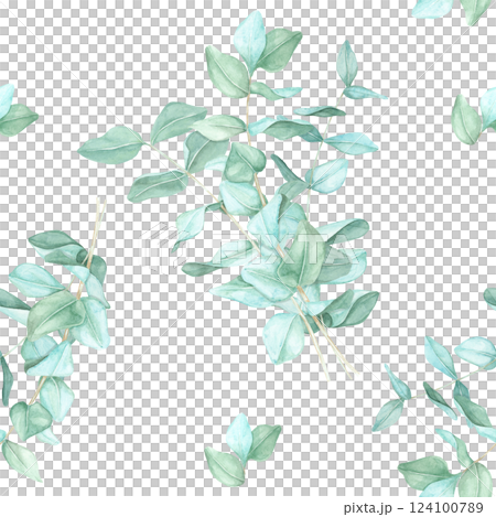 Single eucalyptus branches with light green leaves in a hand drawn watercolor illustration. This seamless pattern clipart works well for stationary products, packaging, and digital backgrounds 124100789