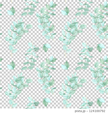 Delicate eucalyptus sprigs with pale green tones arranged in a repeating watercolor pattern clipart. Great for wedding invitations, stationary design, and decorative paper crafts 124100792