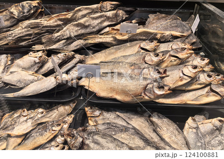 Freshly prepared dried fish displayed in a market for local customers Freshly prepared dried fish displayed in a market for local customers 124100881