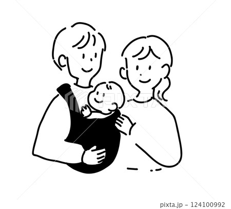 赤ちゃんを抱っこする両親と赤ちゃんの線画イラスト 124100992