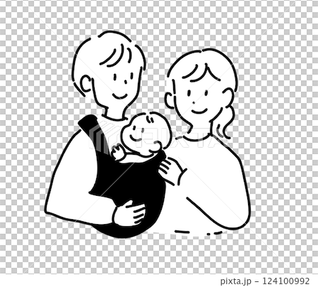 Line drawing illustration of parents holding a baby and their baby 124100992