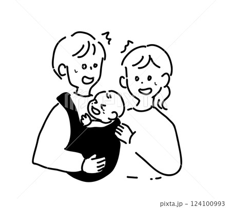 泣いている赤ちゃんを抱っこする両親と赤ちゃんの線画イラスト 124100993