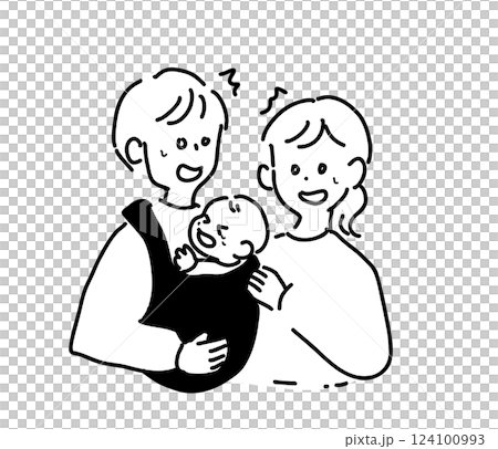 泣いている赤ちゃんを抱っこする両親と赤ちゃんの線画イラスト 124100993