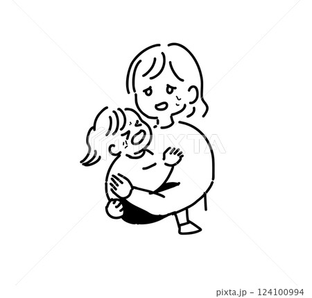 泣いている赤ちゃんを抱っこする母の線画イラスト 124100994
