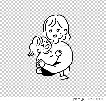 泣いている赤ちゃんを抱っこする母の線画イラスト 124100994