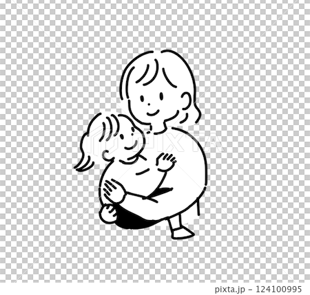 Line drawing illustration of a mother holding a girl Line drawing illustration of a mother holding a girl 124100995