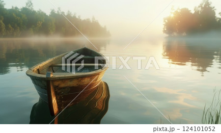 Wooden boat on a Misty Lake During a Serene Sunrise 124101052