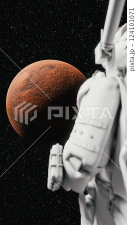 Astronaut observing mars rotating in space: cosmic exploration and discovery. 3d render 124101071