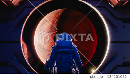 Astronaut observing mars from spaceship window: colonizing mission to red planet. 3d render 124101081