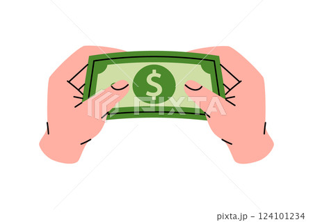 Two hand holding a dollar bill. Money investment and business commerce. Vector illustration. 124101234