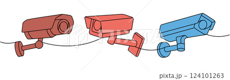 Video cameras one line colored continuous drawing. Home security system. Vector illustration. Video cameras one line colored continuous drawing. Home security system. Vector illustration. 124101263