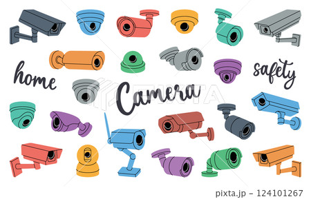Security cameras set. External CCTV cameras. Safety home protection system. Vector illustration. 124101267