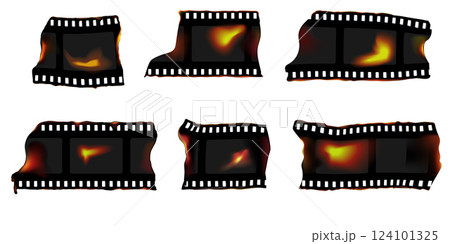 Vintage set of film strips with dented overexposed texture, vector illustration. 124101325
