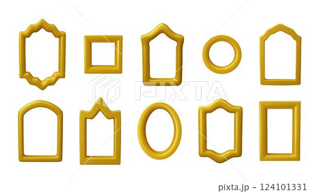 3D golden frames vector set, vintage border design different forms, yellow glossy arch windows, gate, architecture shape 124101331