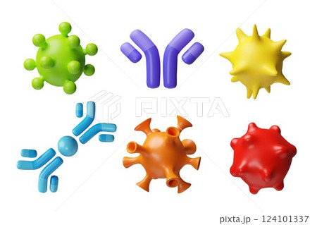 3D Vector set of different shapes and colors, round virus cells and immunoglobulin molecules. 3D Vector set of different shapes and colors, round virus cells and immunoglobulin molecules. 124101337