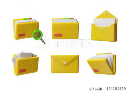 Folder with documents 3D cartoon vector icons set, file management, magnifying glass, envelope, data files interface Folder with documents 3D cartoon vector icons set, file management, magnifying glass, envelope, data files interface 124101339
