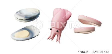 3d vector seafood set, mussel or oyster, squid and squid rings. Ingredients. 3d vector seafood set, mussel or oyster, squid and squid rings. Ingredients. 124101348
