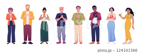 Illustration of happy characters, men and women, clapping hands and giving thumbs up. Illustration of happy characters, men and women, clapping hands and giving thumbs up. 124101366