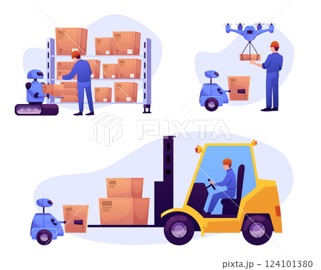 Automatic delivery technology, smart distribution, warehouse logistics transportation vector set, robot carrying cargo 124101380