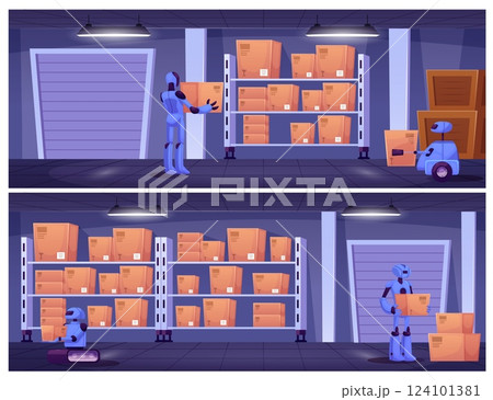Illustrations of a warehouse where robots of different shapes are placing boxes on a shelf. 124101381