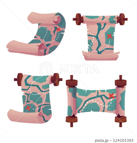 Vector set of old scrolls with landscape treasure maps with marked path. 124101383