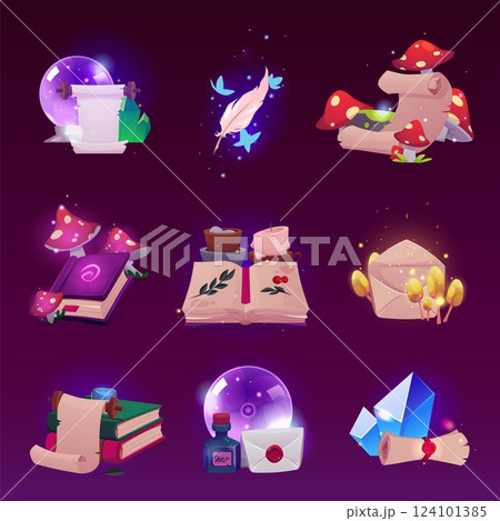 Antique witchcraft and wizardry magic tools, alchemy spiritual book with fantasy fungi, crystal ball, scroll vector set 124101385