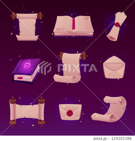 Ancient parchment roll, old paper blank scroll on wooden hub, envelope and magic book vector flat icons set, game asset 124101386
