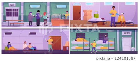 Volunteers help to victims in shelter, serving food, distribute clothes for homeless people, vector temporary residence 124101387