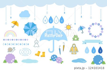 カラフルな傘と雨のセット 124101418