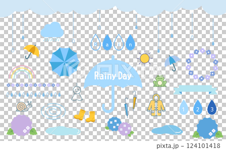 カラフルな傘と雨のセット 124101418