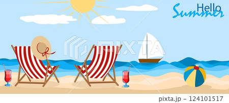 Relaxing summer beach with deck chairs, refreshments, and a sailboat under a bright sun Relaxing summer beach with deck chairs, refreshments, and a sailboat under a bright sun 124101517