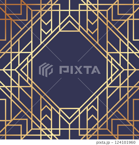 Seamless geometric pattern forming an octagonal frame with gold lines on a dark blue background, creating a luxurious and elegant art deco design 124101960
