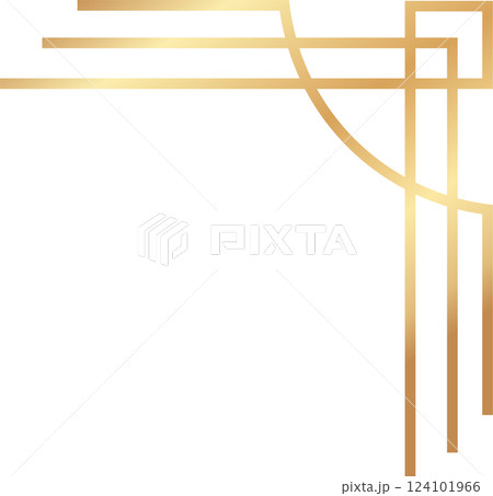 Elegant golden art deco corner ornament forming a frame, perfect for certificates, invitations, menus, or page decorations, featuring geometric lines and curves in a luxurious gold color Elegant golden art deco corner ornament forming a frame, perfect for certificates, invitations, menus, or page decorations, featuring geometric lines and curves in a luxurious gold color 124101966