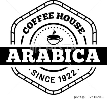 Vintage logo promoting an arabica coffee house features a steaming cup of coffee nestled within a hexagonal frame, celebrating quality and tradition since 1922 124102065