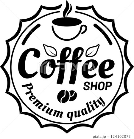 Round black and white logo promoting premium quality coffee shop, featuring a steaming cup of coffee, aromatic coffee beans, and vibrant leaves, embodying the essence of gourmet beverages 124102072