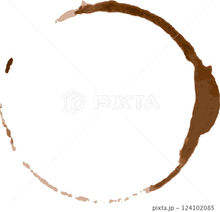 Coffee cup stain creating a brown circle on a white background, forming an abstract shape from spilled coffee. The mark adds a touch of grunge and messiness to the scene 124102085