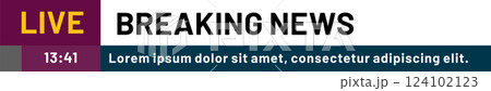 Live breaking news banner featuring a clock displaying the most recent updates, incorporating placeholder text for additional information and urgent notifications 124102123