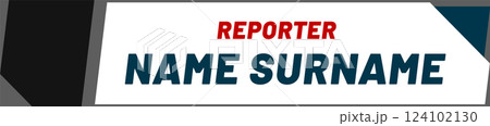 Lower third graphic featuring reporter s name and surname displayed on screen during live television news broadcast, providing ample copy space for additional information or branding 124102130