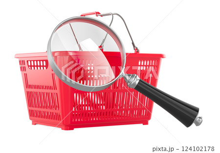 Empty shopping basket with loupe. Product search, concept. 3D rendering 124102178