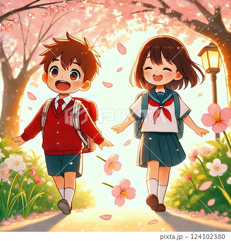 桜の下を歩く新一年生 桜の下を歩く新一年生 124102380