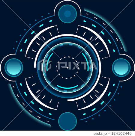 Glowing blue and white futuristic heads up display element rotating against a dark backdrop, offering a striking visual for technology focused projects and digital designs Glowing blue and white futuristic heads up display element rotating against a dark backdrop, offering a striking visual for technology focused projects and digital designs 124102446