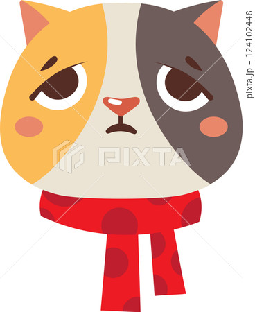 Cartoon illustration featuring a sad cat wearing a red polka dot scarf, gazing downwards with a melancholic expression, set against a clean white background Cartoon illustration featuring a sad cat wearing a red polka dot scarf, gazing downwards with a melancholic expression, set against a clean white background 124102448