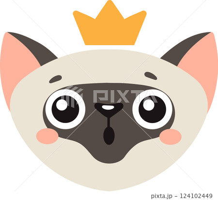 Siamese cat wearing a golden crown, displaying a surprised expression with big eyes and an open mouth, perfect for children s book illustrations or sweet designs Siamese cat wearing a golden crown, displaying a surprised expression with big eyes and an open mouth, perfect for children s book illustrations or sweet designs 124102449