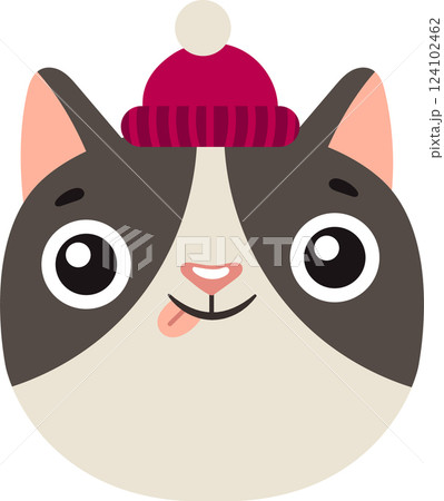 Close up portrait of adorable gray and white cat wearing a winter knitted maroon hat with white pompom, sticking its tongue out in a playful and cute expression 124102462