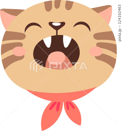 Cartoon illustration featuring a cute brown cat wearing a vibrant red scarf, meowing joyfully with its mouth wide open, displaying its teeth and tongue in an adorable manner 124102463